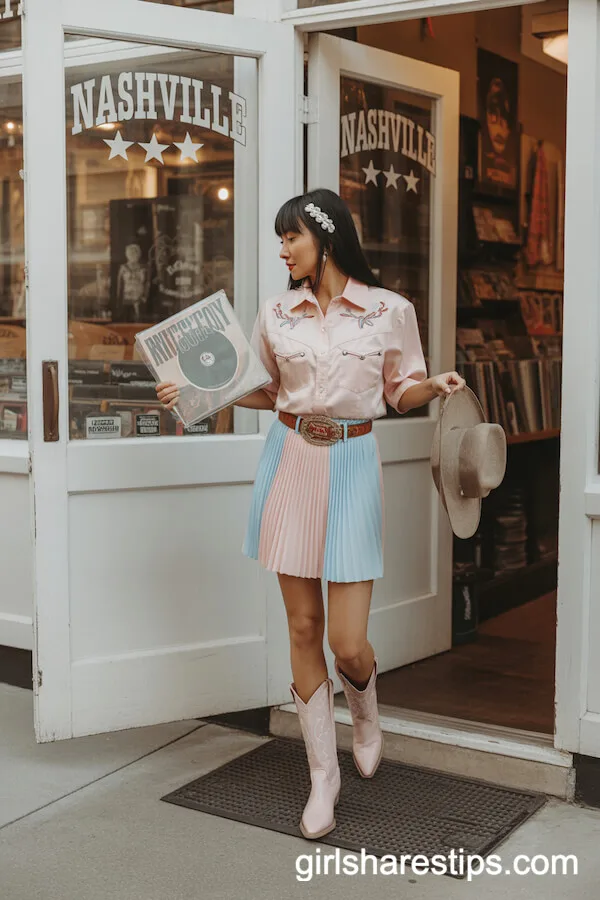 Pastel Pleated Mini Skirt Embroidered Western Shirt With Pink Boots