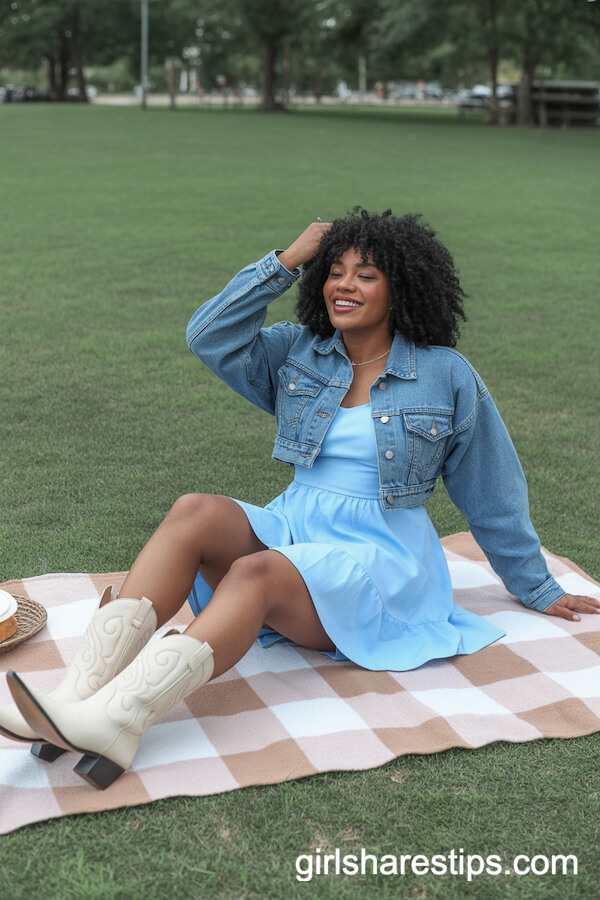 Sky-Blue Fit-and-Flare Dress Denim Cowgirl Jacket