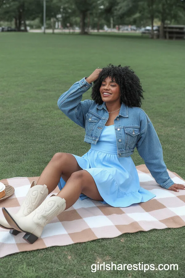Sky-Blue Fit-and-Flare Dress Denim Cowgirl Jacket