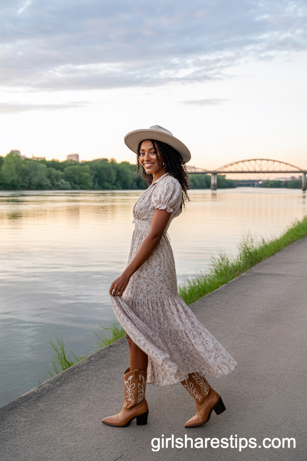 Floral Prairie Maxi Dress Heeled Cowboy Boots With Hat