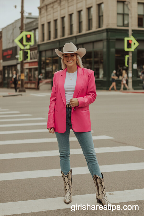 Hot Pink Western Blazer, Skinny Jeans, Snakeskin Cowboy Boots