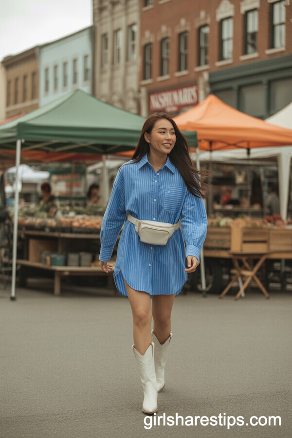 Oversized Blue Striped Shirt Dress White Slim Cowgirl Boots