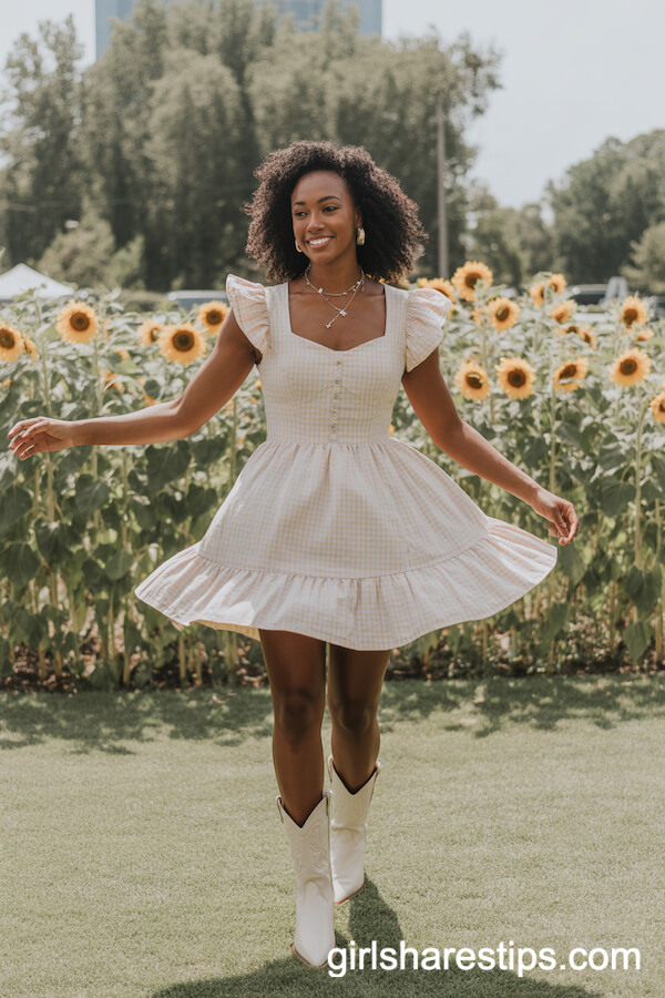 Pastel Gingham Mini Dress White Cowboy Boots