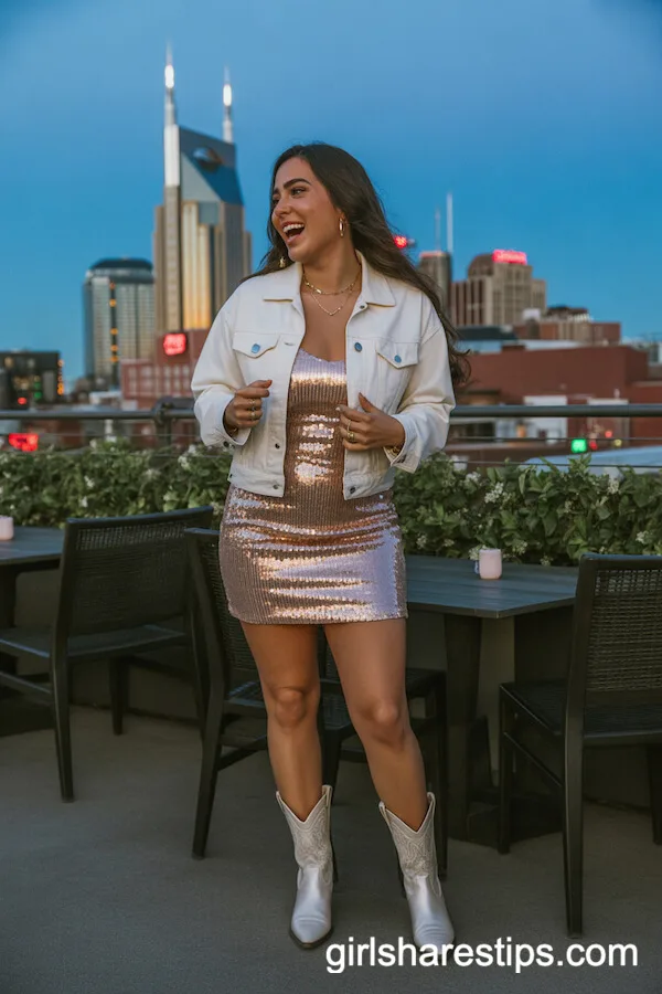 Sequin Mini Dress With White Denim Jacket and Cowboy Boots
