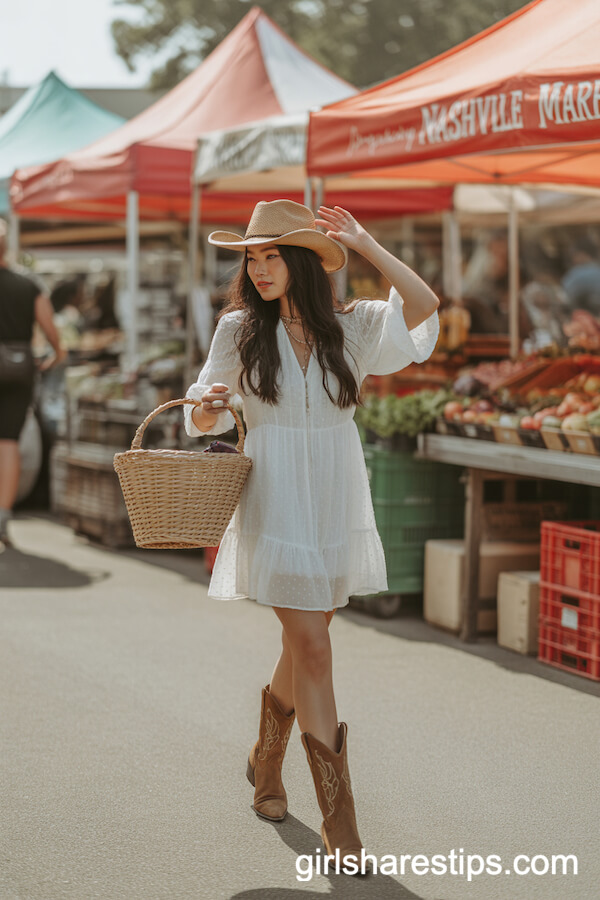 Boho White Dress Suede Cowboy Boots Straw Cowgirl Hat