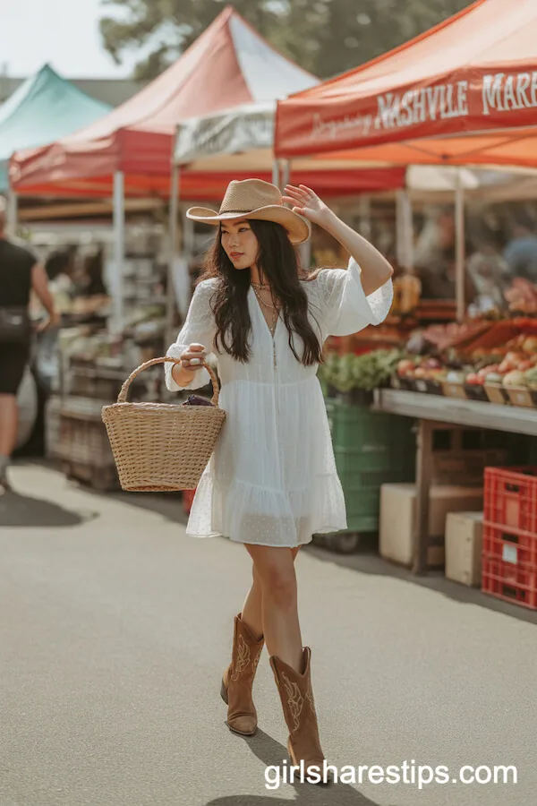 Boho White Dress Suede Cowboy Boots Straw Cowgirl Hat