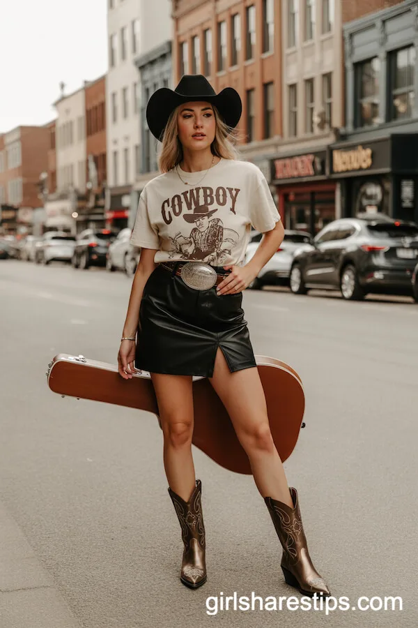 Vintage Cowboy Graphic Tee Faux Leather Mini Skirt