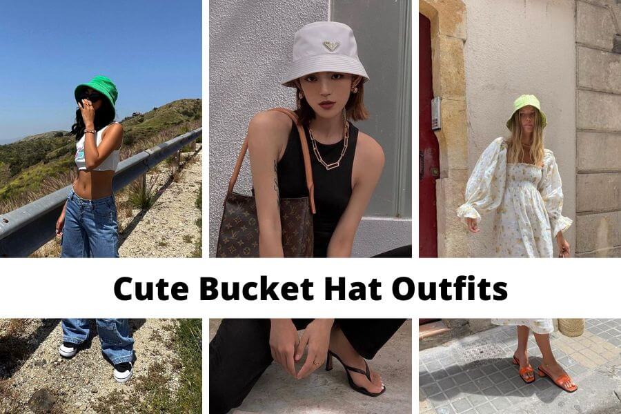 collage of cute bucket hat outfits
