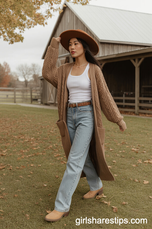 Chunky Knit Cardigan and Jeans for a Cozy Autumn Cowgirl Look