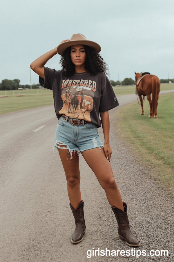 Graphic Tee and Ripped Shorts for a Relaxed Western-Inspired Look