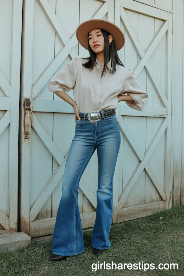 Flare Jeans and Simple Blouse for a Confident Vintage Cowgirl Vibe