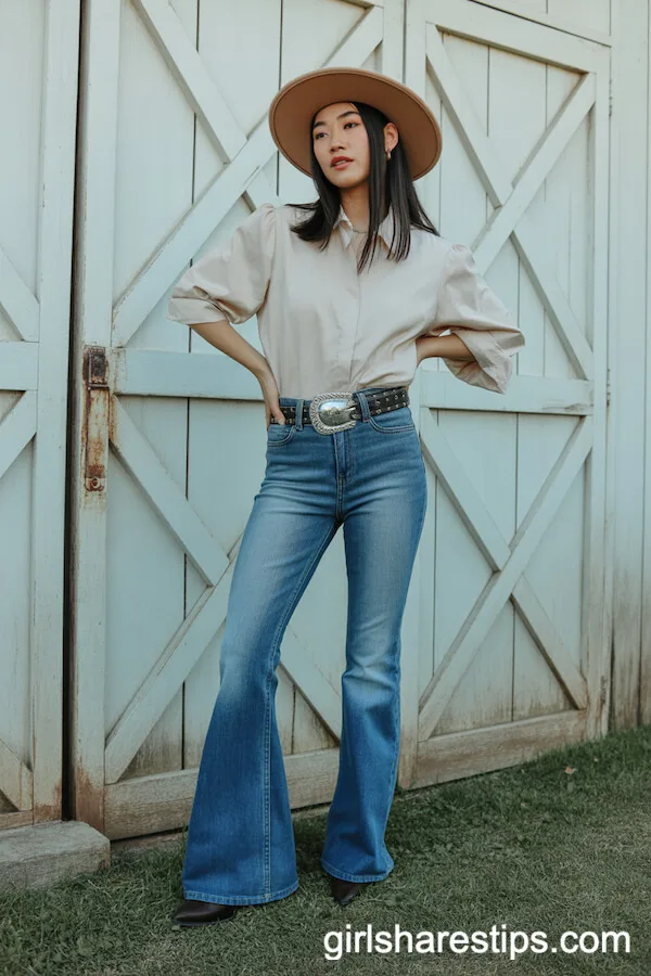 Flare Jeans and Simple Blouse for a Confident Vintage Cowgirl Vibe