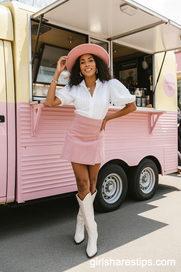 Pink Mini Skirt and Puff Sleeve Blouse for a Playful Western Outfit