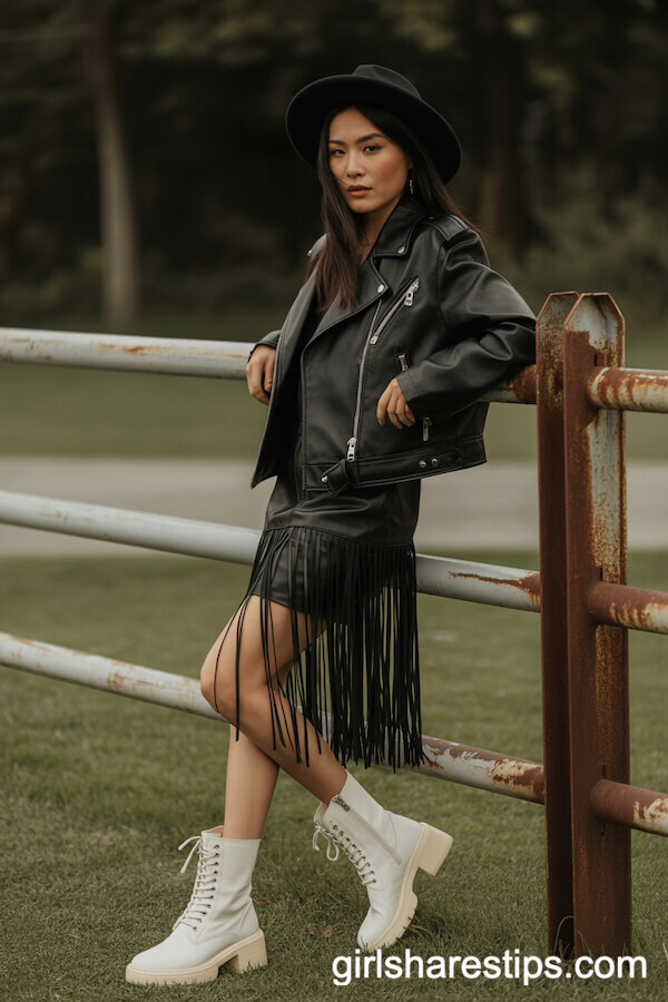 Black Leather Jacket Fringe Skirt