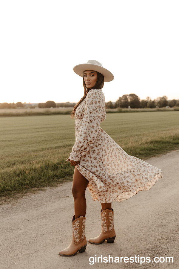 Floral Dress and Western Boots for a Chic Cowgirl Vibe