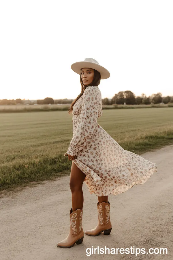 Floral Dress and Western Boots for a Chic Cowgirl Vibe