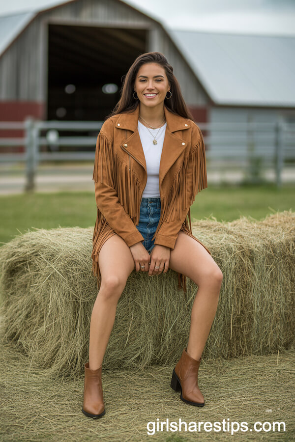 Suede Fringe Jacket with Jean Shorts for a Relaxed Cowgirl Style