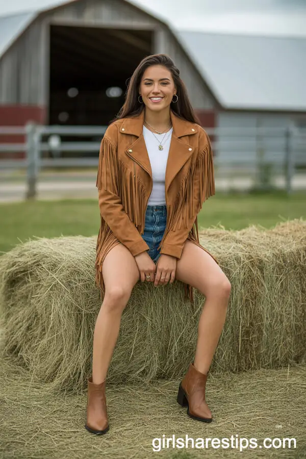 Suede Fringe Jacket with Jean Shorts for a Relaxed Cowgirl Style