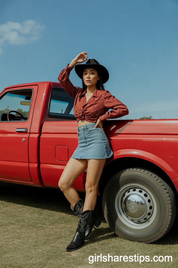 Denim Skirt and Patterned Blouse for a Playful Cowgirl Ensemble