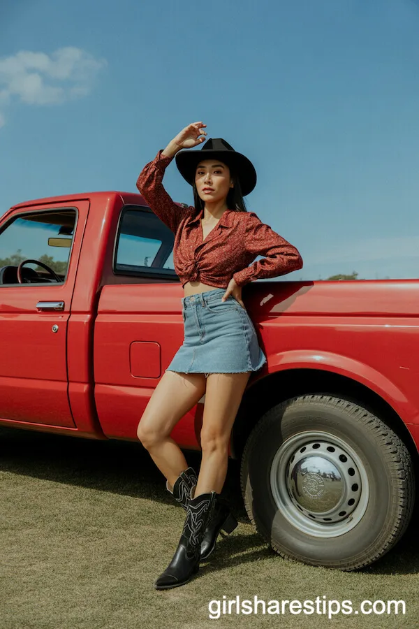 Denim Skirt and Patterned Blouse for a Playful Cowgirl Ensemble