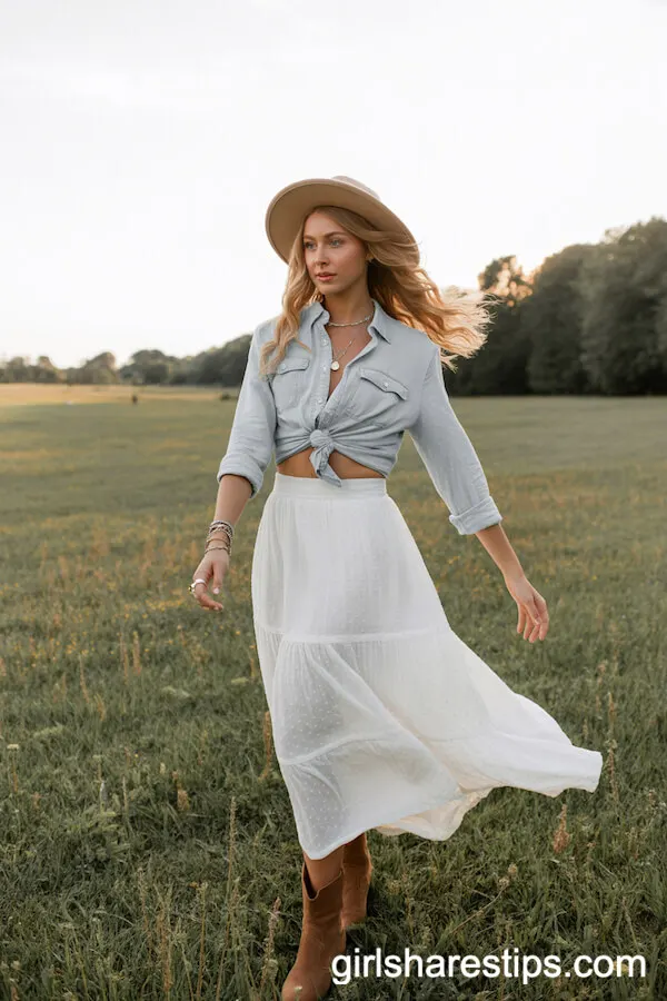 Boho Maxi Skirt and Chambray Shirt for an Elegant Western Look