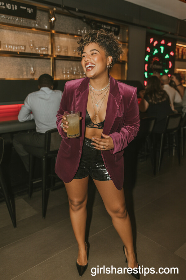 Deep Purple Velvet Blazer and Sequin Shorts for Cocktail Lounges