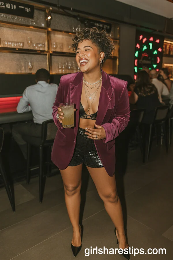 Deep Purple Velvet Blazer and Sequin Shorts for Cocktail Lounges