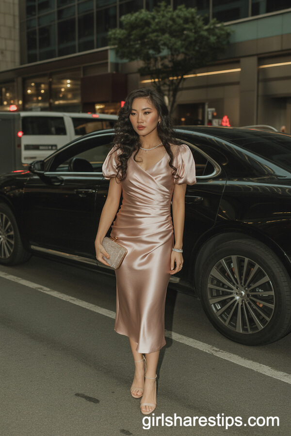 Ruched Rose Gold Satin Midi for Fine Dining Nights