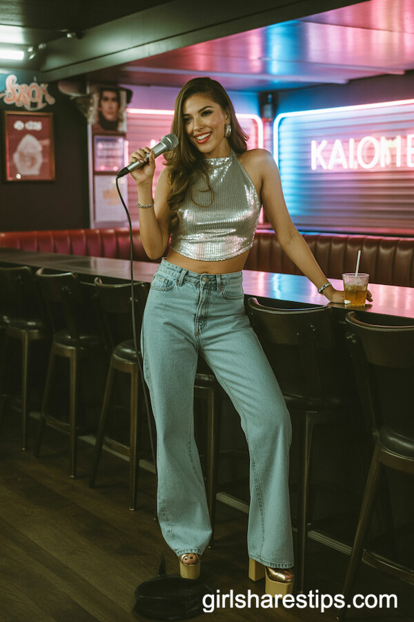 Silver Sequin Halter Top and Flared Jeans for Karaoke Nights