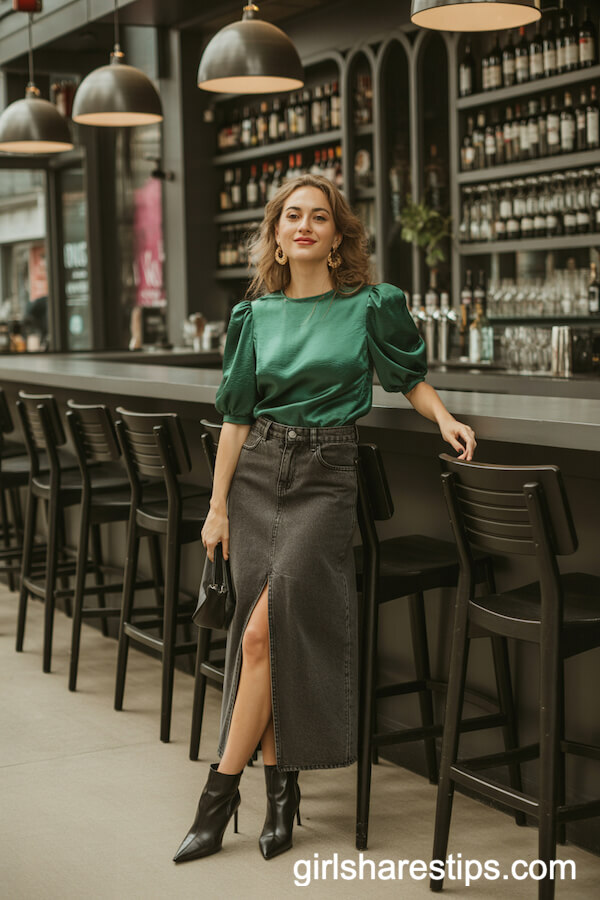 Emerald Satin Blouse and Long Denim Skirt