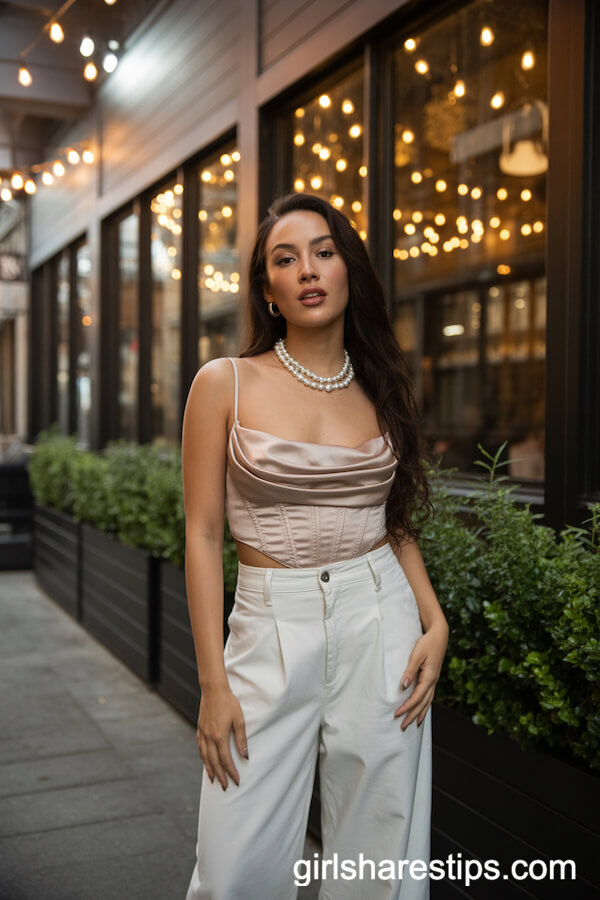 Champagne Satin Corset and White Wide-Leg Pants for Romantic Dining
