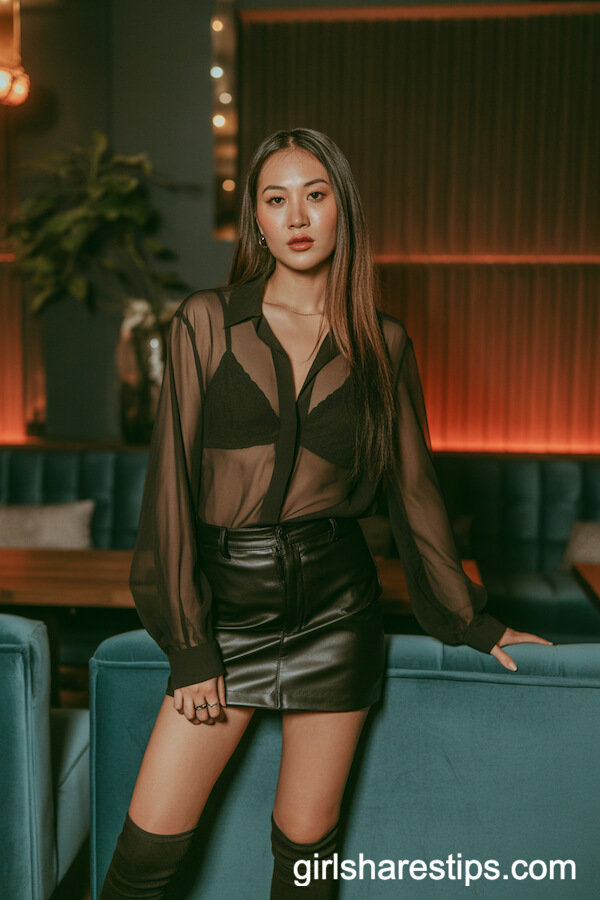 Sheer Black Blouse and Leather Mini Skirt Lounge Look
