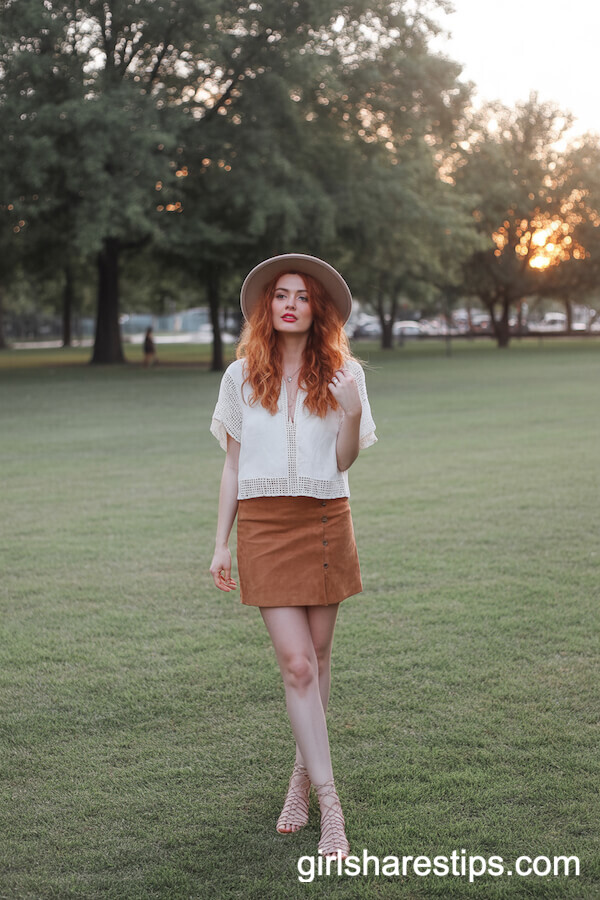 Suede Mini Skirt and Crochet Top: Boho Park Look