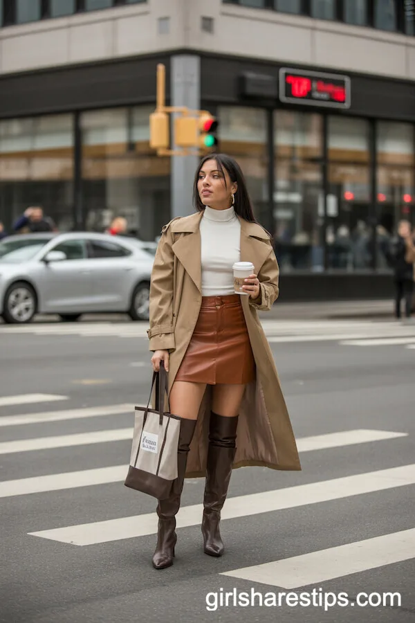 Trench Coat and Brown Mini Skirt: Cozy Fall Streetwear