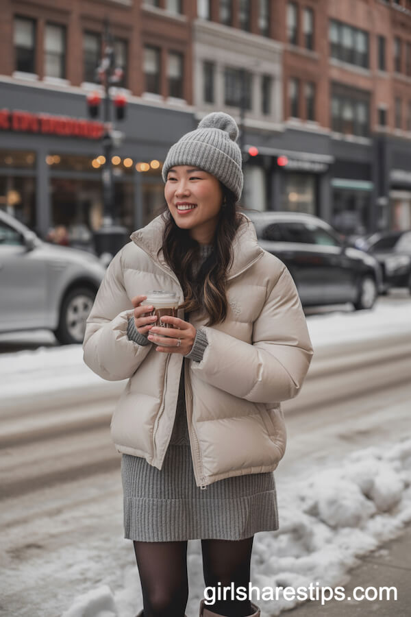 Knit Mini Skirt and Puffer Jacket: Cozy Winter Look