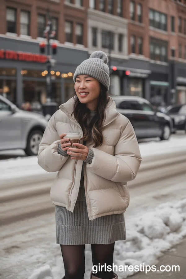 Knit Mini Skirt and Puffer Jacket: Cozy Winter Look