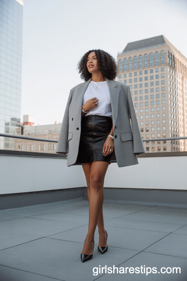 Faux-Leather Mini Skirt and Oversized Blazer: Modern Rooftop Style