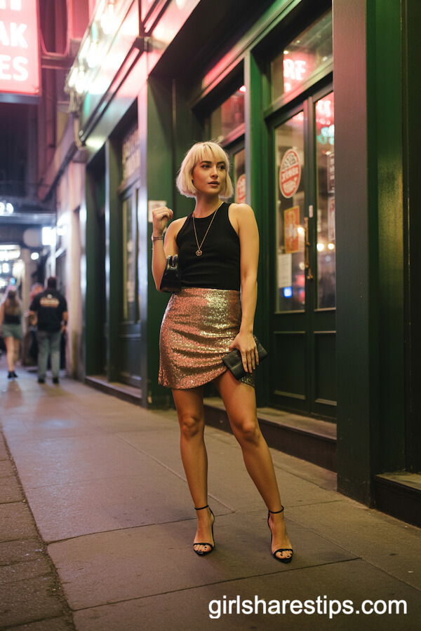 Gold Sequin Mini Skirt and Black Top: Glamorous Night Out Ensemble