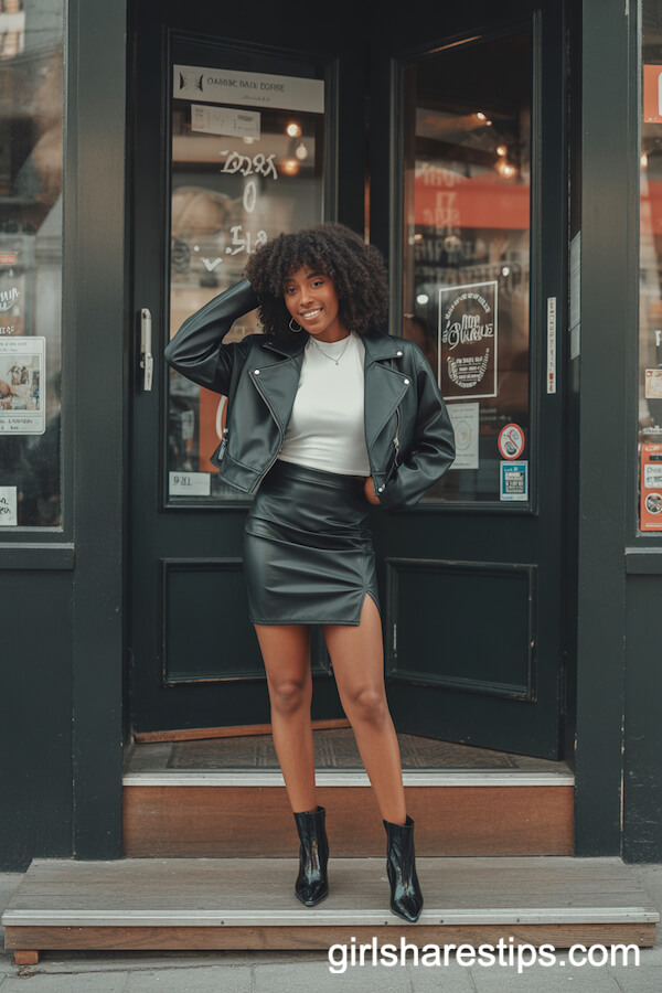 Leather Mini Skirt with Cropped Jacket: Chic Café Outfit