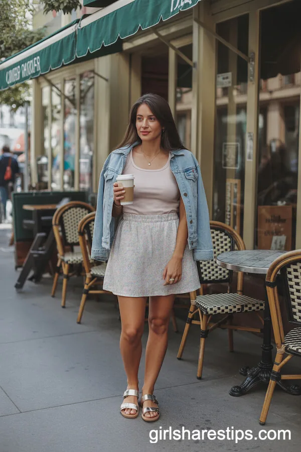 Floral Print Mini Skirt and Denim Jacket: Relaxed Patio Vibes