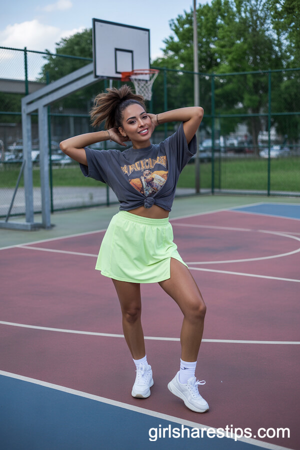 Sporty Neon Mini Skirt and Graphic Tee: Athletic Court Outfit