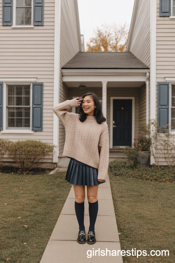 Cable-Knit Sweater and Pleated Mini Skirt: Preppy Suburban Ensemble