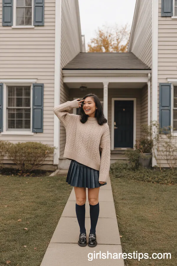 Cable-Knit Sweater and Pleated Mini Skirt: Preppy Suburban Ensemble