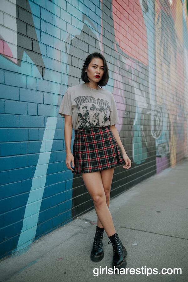 Band Tee and Plaid Mini Skirt: Alternative Street Art Style