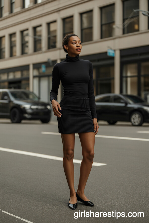 All-Black Minimalist Mini Skirt Outfit: Elegant City Street Style