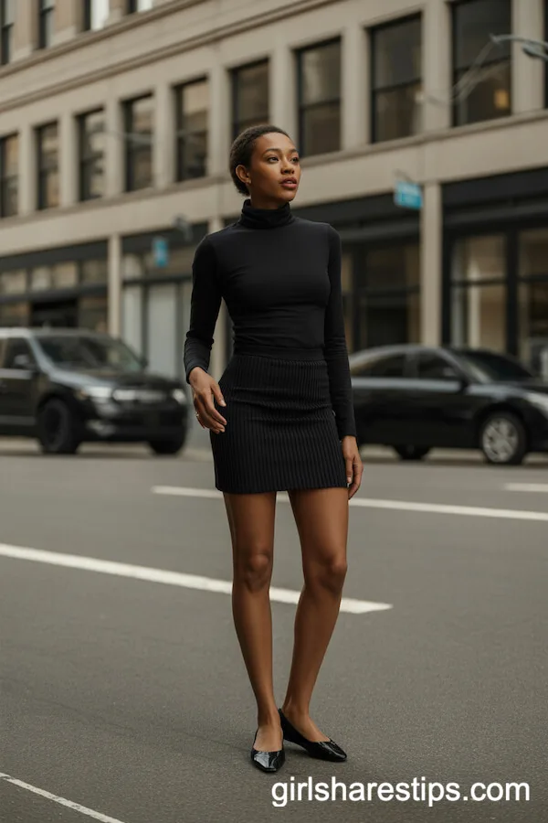 All-Black Minimalist Mini Skirt Outfit: Elegant City Street Style