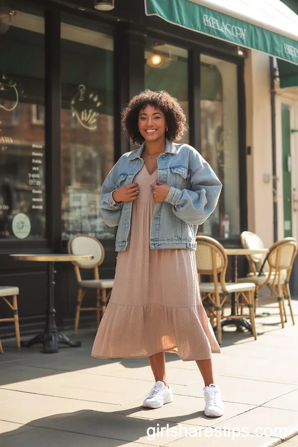 Flowy Midi Dress with Denim Jacket and Sneakers