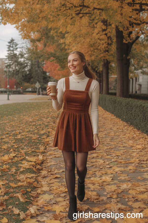 Turtleneck and Corduroy Pinafore Dress for Autumn