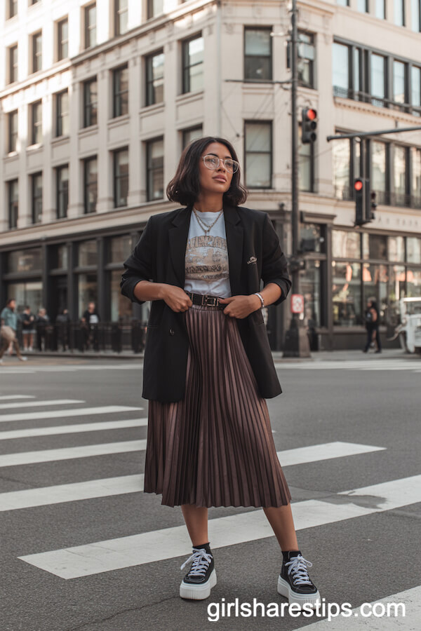 Pleated Skirt Oversized Blazer Platform Sneakers