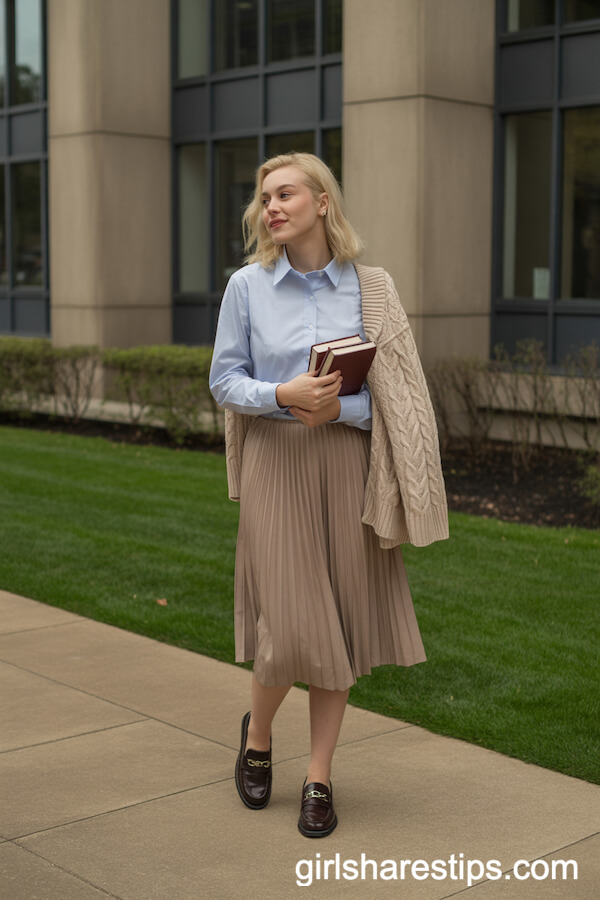 Knee-Length Pleated Skirt with Collared Shirt and Loafers